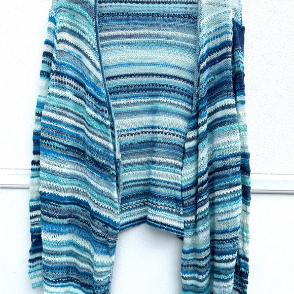 J Jill open front cardigan sweater large linen cotton blend blue striped knit - Picture 7 of 13